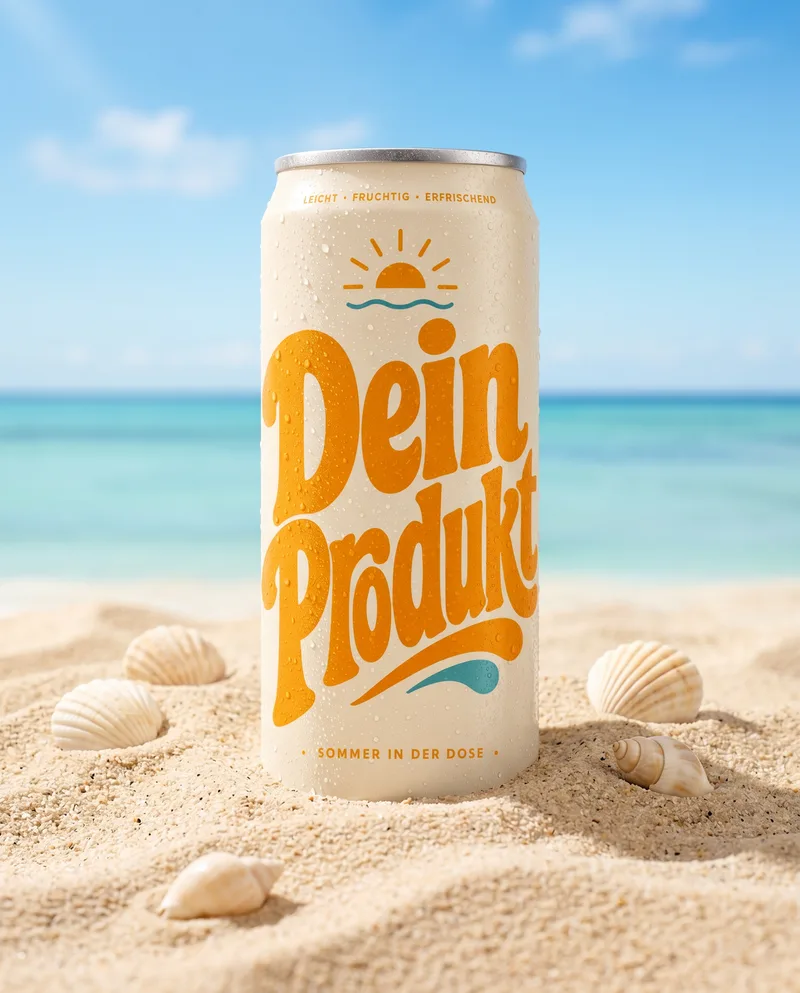 KI-generiertes Produktbild: Getränkedose im Sand am Meer