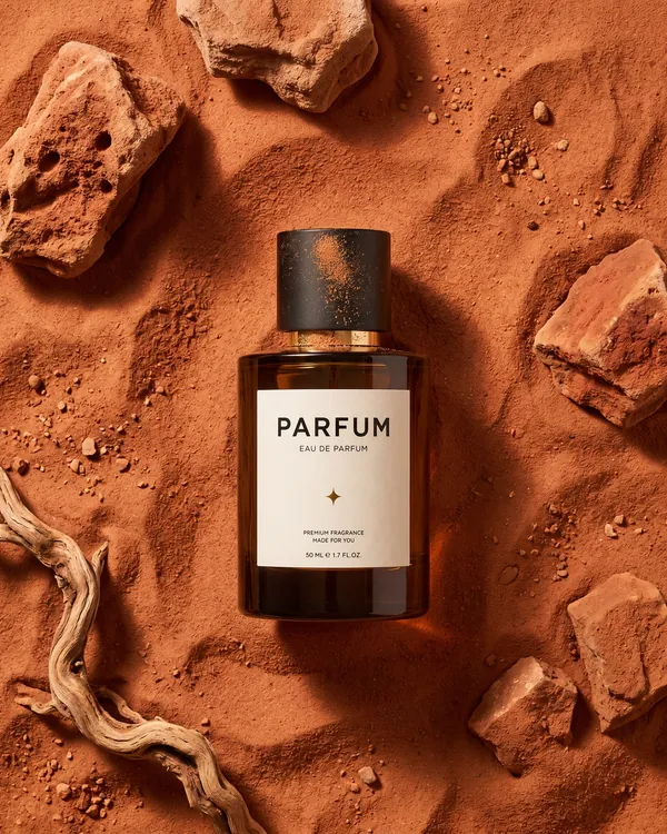 KI-generiertes Produktbild: Parfumflakon auf rotem Wüstensand mit Treibholz