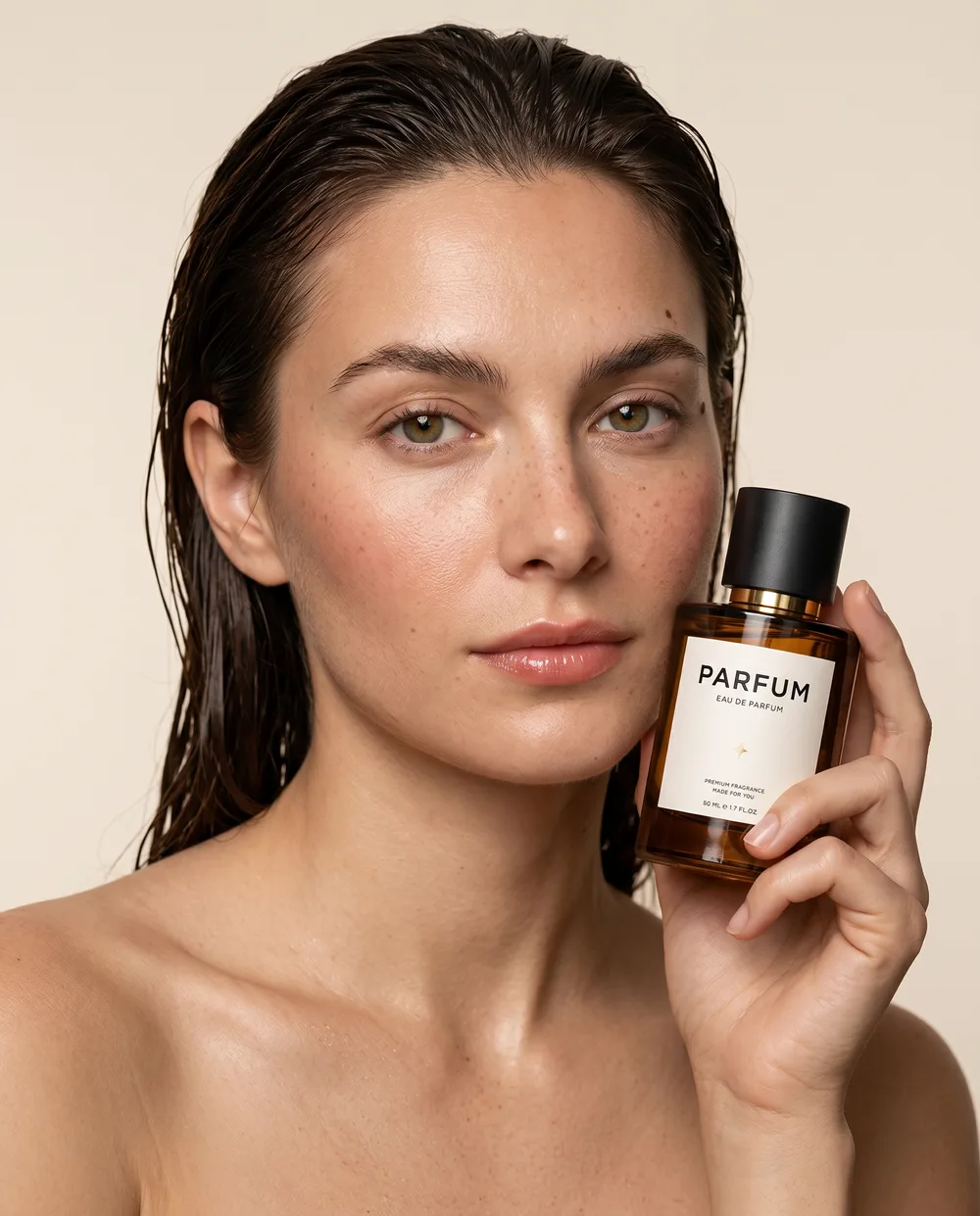 KI-generiertes Produktbild derselben Flasche, Szene Model