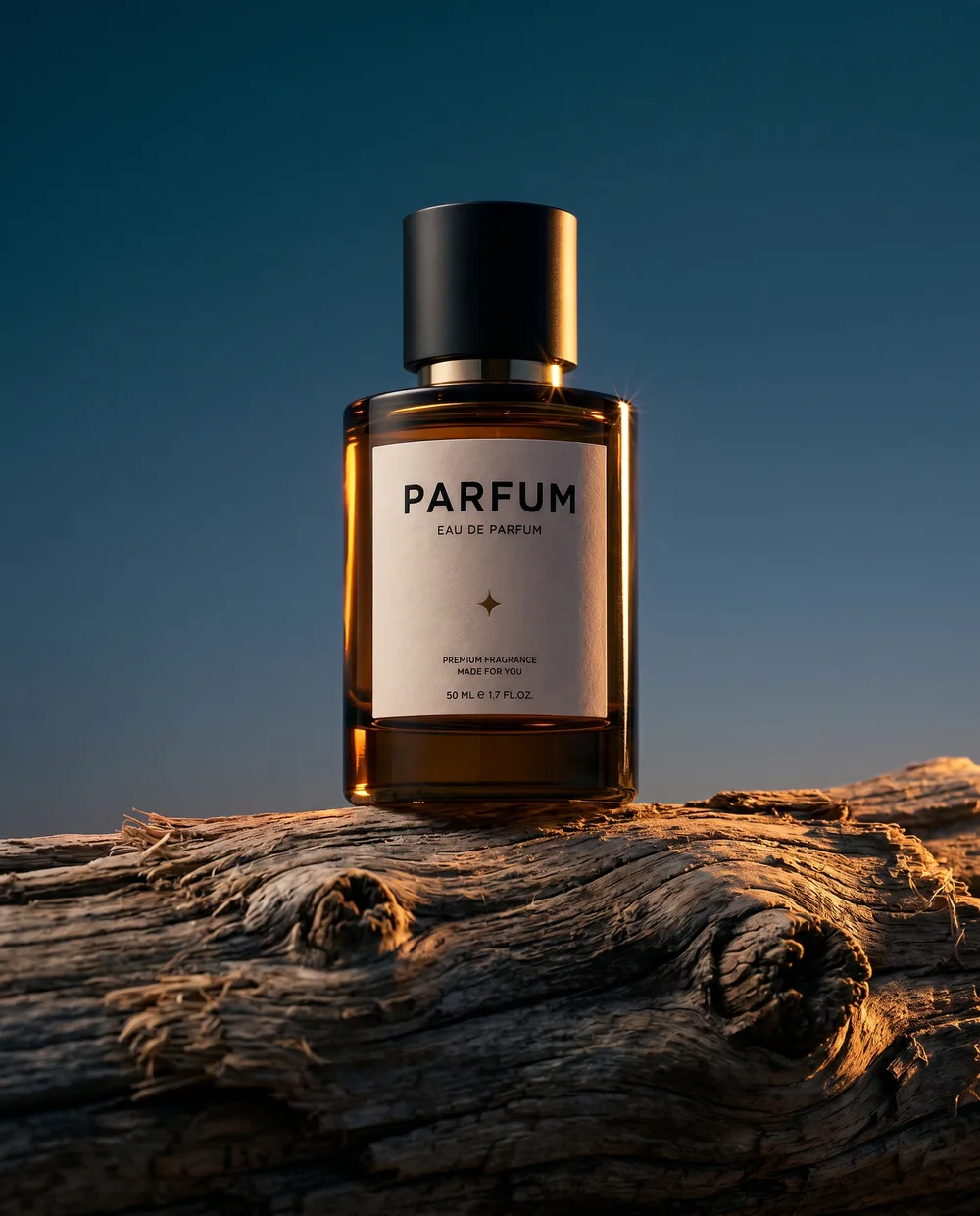 KI-generiertes Produktbild derselben Flasche, Szene Sunset